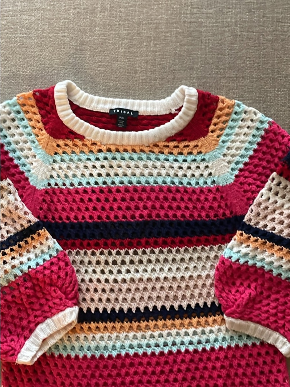 Tribal Multicolor Crochet Crewneck Sweater — Red, Cream & Navy Accents